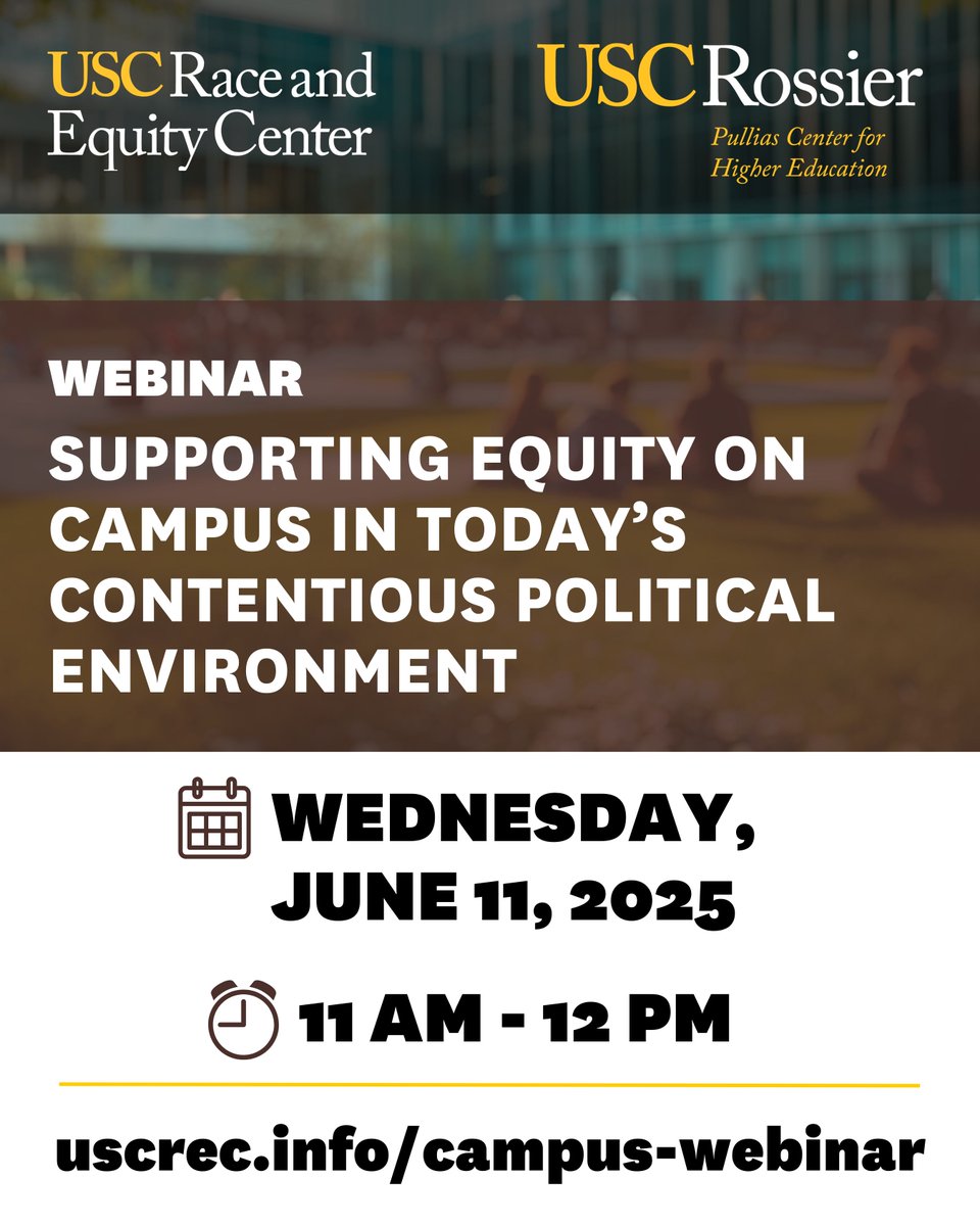 USCRaceEquity's tweet image. 🎓 Equity work in higher ed is under attack. Ready to lead with impact?   

Join us TOMORROW for a powerful webinar on navigating today’s climate w/ the Shared Equity Leadership model + Everyday Equity Playbook.  

uscrec.info/campus-webinar