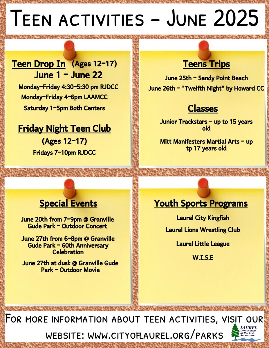 Our department offers many different activities for teens including drop in at our community centers, trips, classes, special events, and youth sports programs.

For more information on any of our teen activities, please visit our website: cityoflaurel.org/parks
