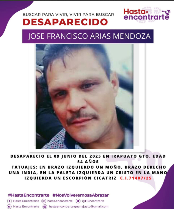plataformagto's tweet photo. #ALERTA El 09 de junio desaparecieron a José Francisco Arias Mendoza de 54 años, buscador integrante del Colectivo @HEncontrarte 

Exigimos intervención inmediata de @Claudiashein y @LibiaDennise 

Va 🧵