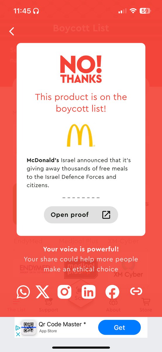 REMINDER that there is a FREE app created by a palestinian developer called “no thanks” that scans barcodes and tells you if it’s on the boycott list WITH PROOF!!!! it also has a search engine where you can look up companies or products that are on the boycott list!!!