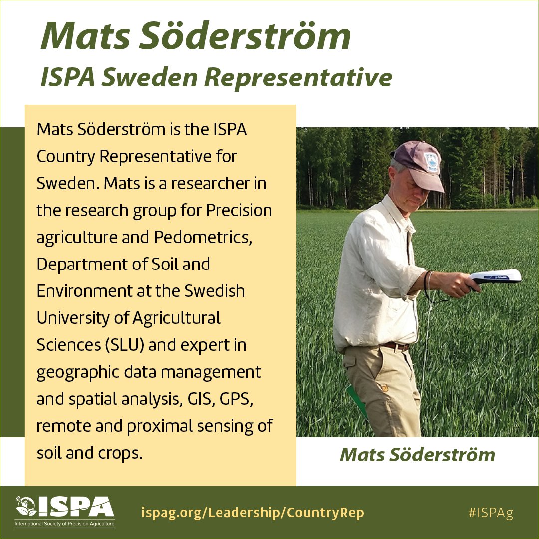 IntSoPA's tweet image. Mats Söderström is the ISPA Country Representative for Sweden. Mats is an expert in geographic data management and spatial analysis, GIS, GPS, remote and proximal sensing of soil and crops.
To learn more about Country Representatives, please visit:
ispag.org/about/countryr…
#ISPAg