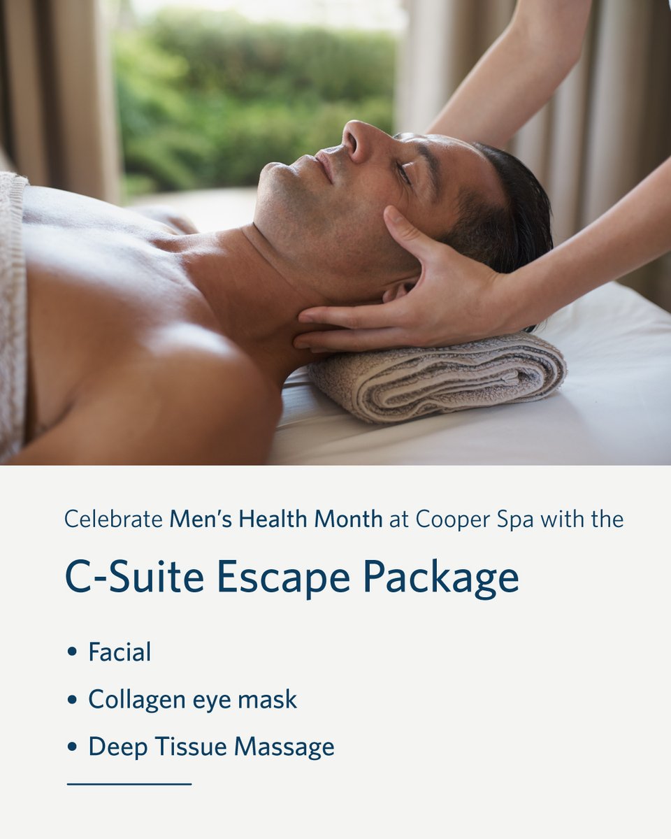 CooperAerobics's tweet image. A new #spapackage to celebrate #MensHealthMonth—now thru June 30! Designed for a man on the move, this C-Suite Escape package helps refresh after your day. Begin w/ a facial to cleanse + a revitalizing collagen eye mask &amp;amp; end w/ a 50-min Deep Tissue Massage w/ magnesium to #relax