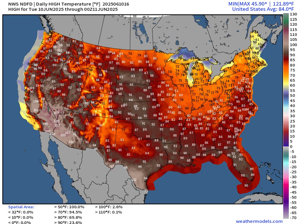 Shown is a forecast of maximum air temperature across the continental USA today according to the NWS NDFD.

TT