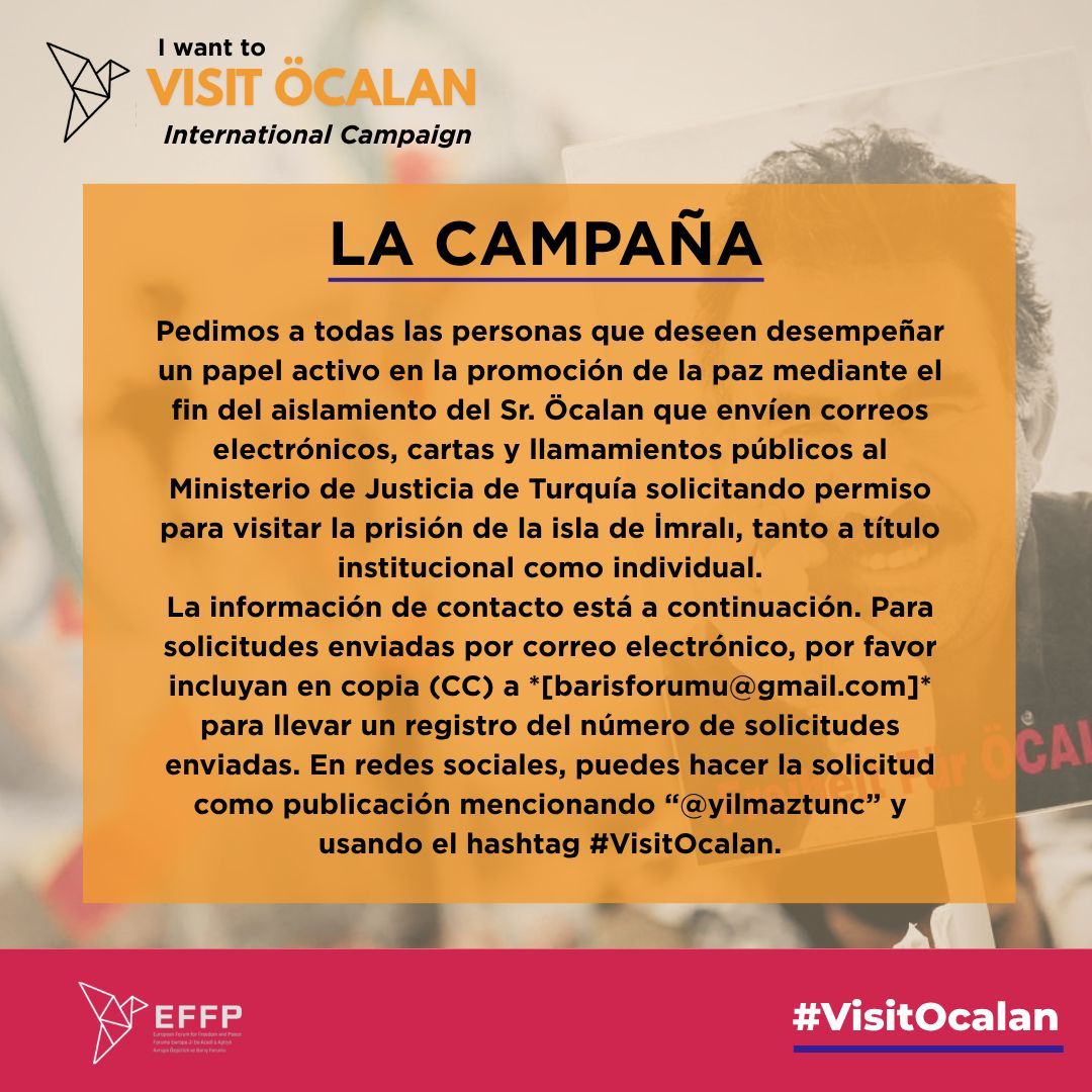effp (@effp_peaceforum) on Twitter photo Queremos visitar a Öcalan 
forumforpeace.eu/visitocalan/ 
#VisitOcalan #effp #Ocalan Queremos visitar a Öcalan 
forumforpeace.eu/visitocalan/ 
#VisitOcalan #effp #Ocalan