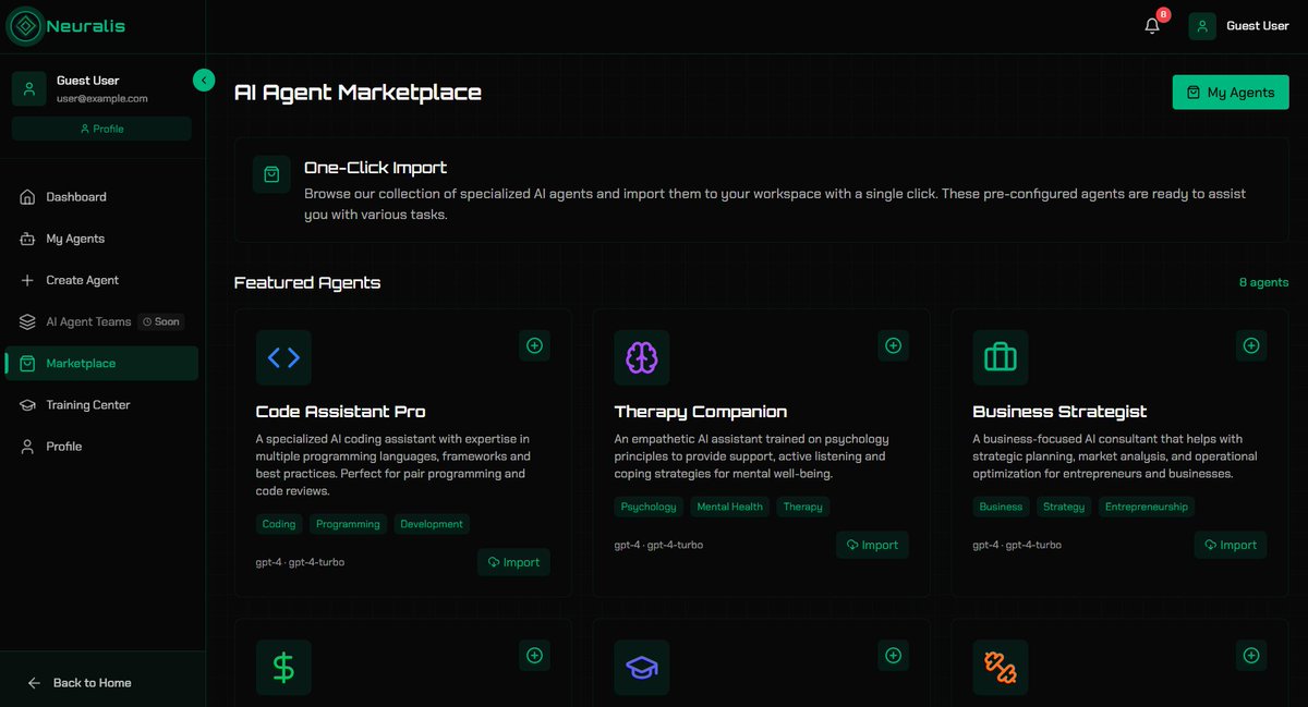 neuralisagents's tweet image. Get acquainted with the Neuralis AI marketplace!

In the Marketplace, you will be able to share and monetize your AI Agents or AI Agent Teams/Workflows.

This revolutionary P2P Marketplace will generate revenue for both users, as well as $NEURAI holders.

Try a few trial agents…
