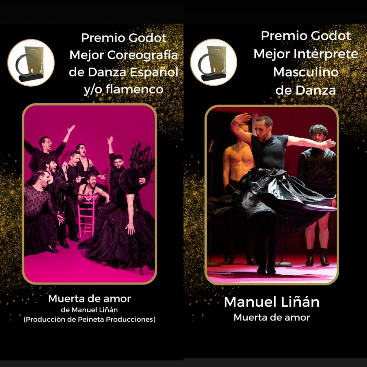DOBLE PREMIO MUERTA DE AMOR
PREMIOS GODOT

- Mejor coreografía Danza Española y / o Flamenco
- Mejor intérprete masculino de Danza

Super Feliz GRACIAS <a href="/RevistaGodot/">Revista Godot</a>