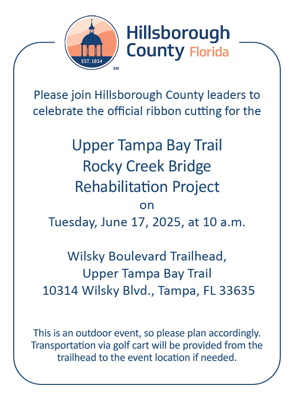 Walk Bike Tampa (@walkbiketampa) on Twitter photo The Rocky Creek Bridge (Upper Tampa Bay Trail) between Linebaugh & Gunn Hwy has been repaired from hurricane damage. Adventurous riders can reach the trail via the Town N Country Greenway & the Skyway Park/Veterans Memorial Trail from Cypress Pt Park in Westshore. <a href="/HillsboroughFL/">Hillsborough County</a> The Rocky Creek Bridge (Upper Tampa Bay Trail) between Linebaugh & Gunn Hwy has been repaired from hurricane damage. Adventurous riders can reach the trail via the Town N Country Greenway & the Skyway Park/Veterans Memorial Trail from Cypress Pt Park in Westshore. <a href="/HillsboroughFL/">Hillsborough County</a>