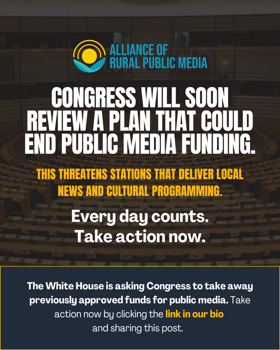Congress is reviewing a plan that could eliminate public media funding—putting rural stations, local news, and cultural programming at serious risk.

📢 Every day counts. Take action &amp; click the link in bio

#SaveRuralMedia