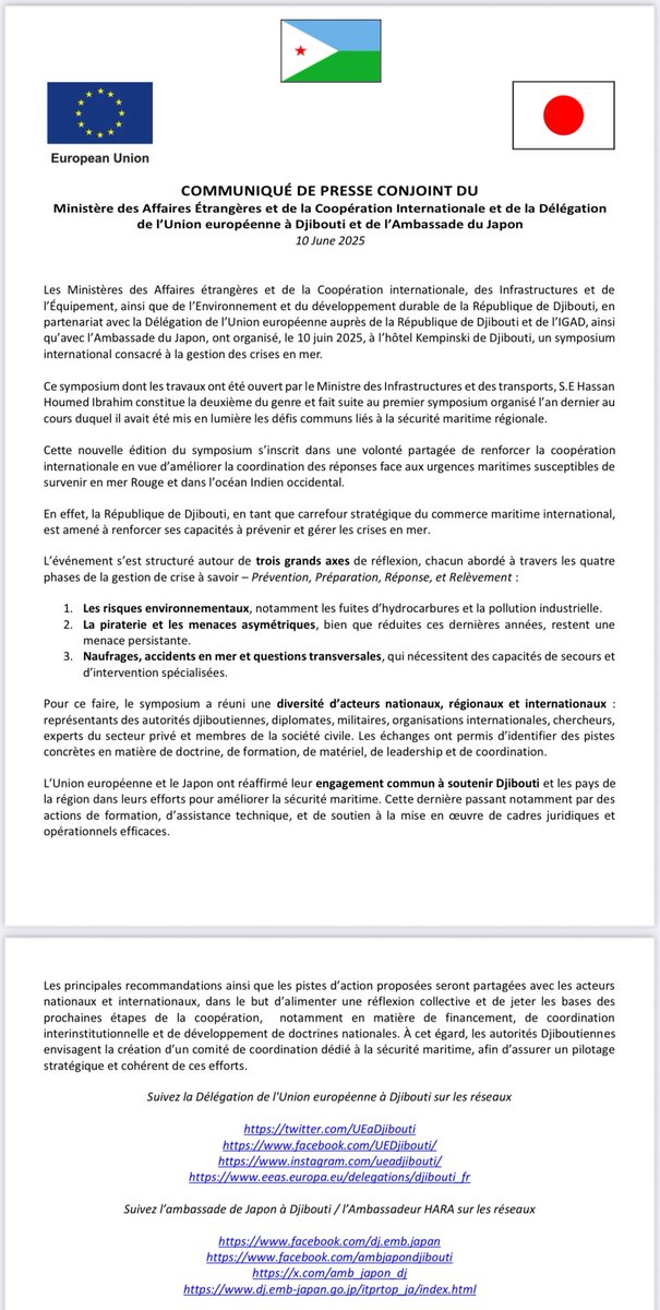MAECIDJIBOUTI's tweet image. Tenue du 2ème Symposium international sur la gestion des crises en mer en vue de partager les expériences, renforcer la coordination et la coopération face aux défis en Mer Rouge et dans l&apos;Océan Indien. MAECIDJIBOUTI @UEaDjibouti @amb_japon_dj #SécuritéMaritime #Djibouti