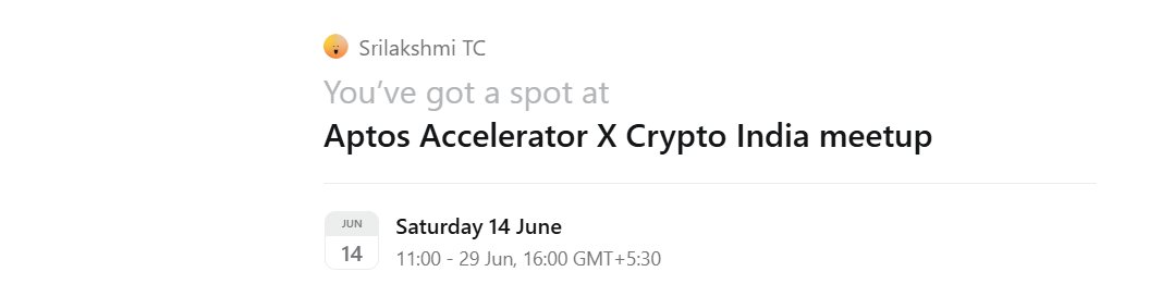 🚀Just got accepted into the Aptos Accelerator Delhi Meetup hosted by @CryptoIndia_! Super hyped to connect with fellow builders and the Aptos fam. 🔥<a href="/aptos_ind/">MoveClubIN</a>  <a href="/HashedEM/">Hashed Emergent</a>  <a href="/CryptooIndia/">Crypto India</a> 
Let’s gooo! #Aptos #CryptoIndia