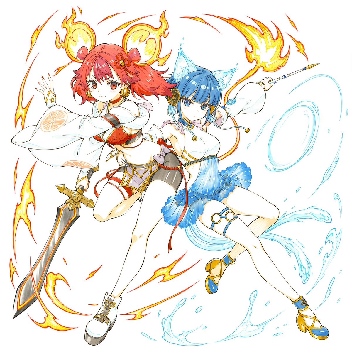 剣の御巫ハレ &amp; 鏡の御巫ニニ
赤色と青色、火鼠と猫又 CP
#OCGファンアート #遊戯王OCG