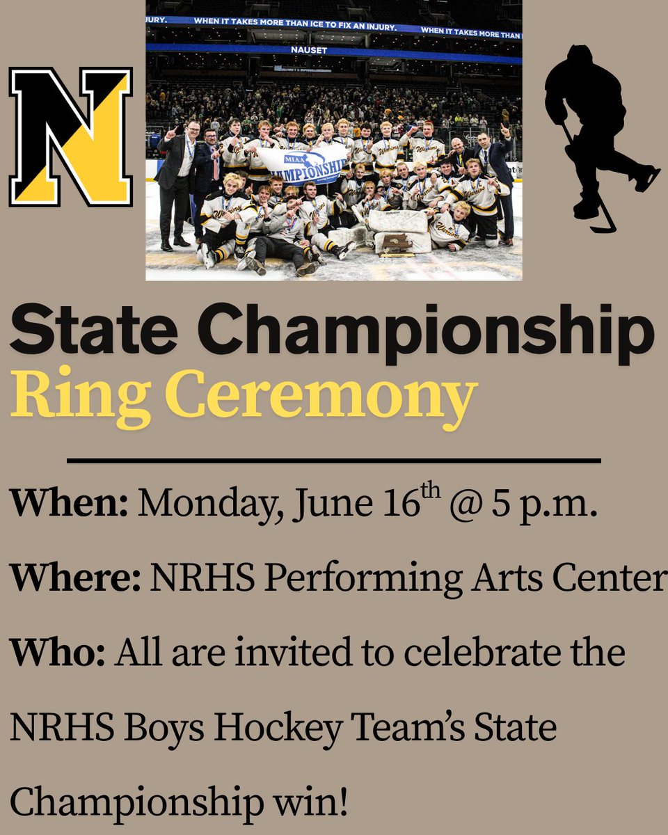 Boys Ice Hockey State Championship Ring Ceremony is next Monday, June 16th @ 5:00PM in the NRHS Performing Arts Center.  All are welcome to attend! 
🏒🥅🏆🥇 <a href="/sportsCCT/">Cape Cod Times sports</a> <a href="/allentgunn/">Allen Gunn</a> <a href="/NausetHS/">Nauset Regional High School- Maximizing Potential</a>