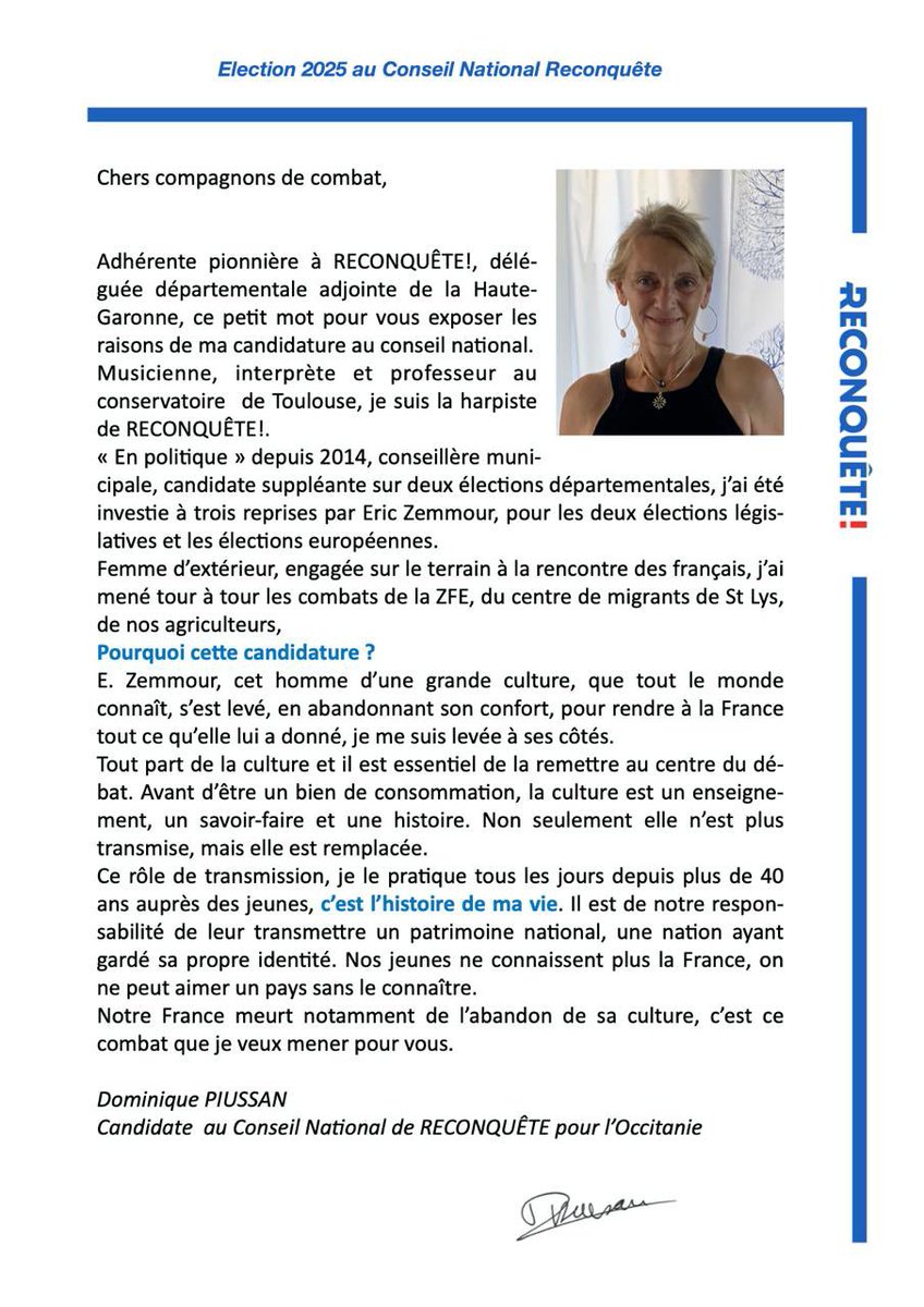Je suis fière de vous annoncer ma candidature au Conseil National de #Reconquête ! Pour travailler à la reconstruction de notre belle nation 🇫🇷🌿
Rejoignez moi sur mon canal telegram : t.me/DPiussan2025