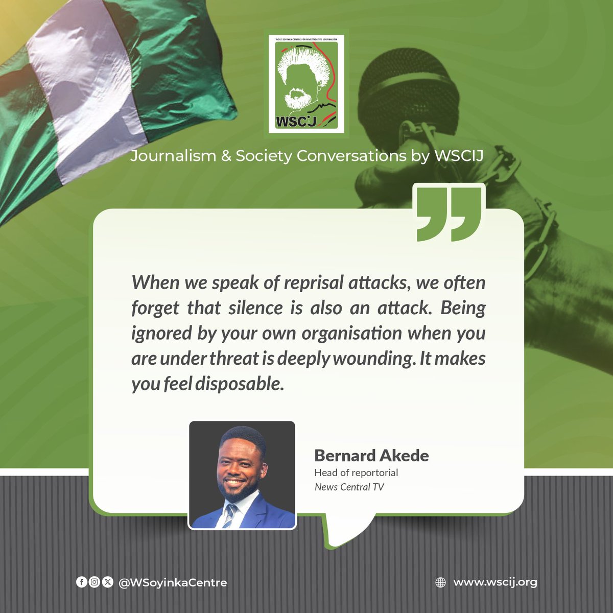 Wole Soyinka Centre (@wsoyinkacentre) on Twitter photo One of the most overlooked threats to journalists is the silence from within, when media organisations fail to stand by their staff facing danger.
In his submission, <a href="/benakede/">Bernard Akede</a> describes solidarity within the newsroom is a crucial line of defence.
#WSCIJConversations One of the most overlooked threats to journalists is the silence from within, when media organisations fail to stand by their staff facing danger.
In his submission, <a href="/benakede/">Bernard Akede</a> describes solidarity within the newsroom is a crucial line of defence.
#WSCIJConversations