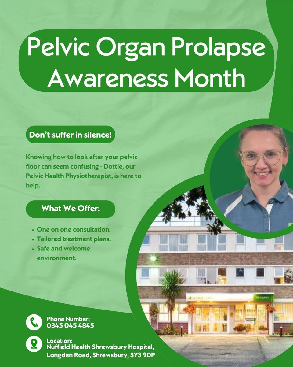 NuffHealthShrew's tweet photo. 📢 #PelvicOrganProlapse Awareness Month 📢

#NuffieldHealth Shrewsbury Hospital is proud to promote this important awareness month and we are lucky to have our very own #pelvichealth #physiotherapist who can provide advice and support to our patients in their hour of need. https://t.co/QRBSEaCb53