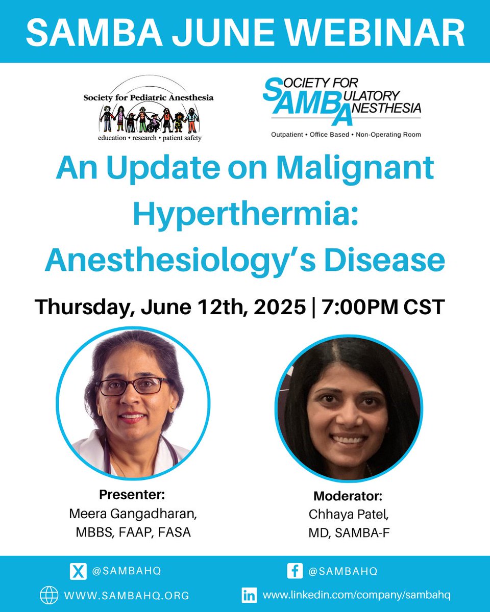 PediAnesthesia's tweet image. UPCOMING WEBINAR: An Update on Malignant Hyperthermia: Anesthesiology's Disease.
Thursday, June 12, 2025
7 pm CST
Register here: ow.ly/ceCL50W7bOu
#MalignantHyperthermia #Anesthesiology #MedicalEducation #HealthcareProfessionals #AnesthesiaUpdates