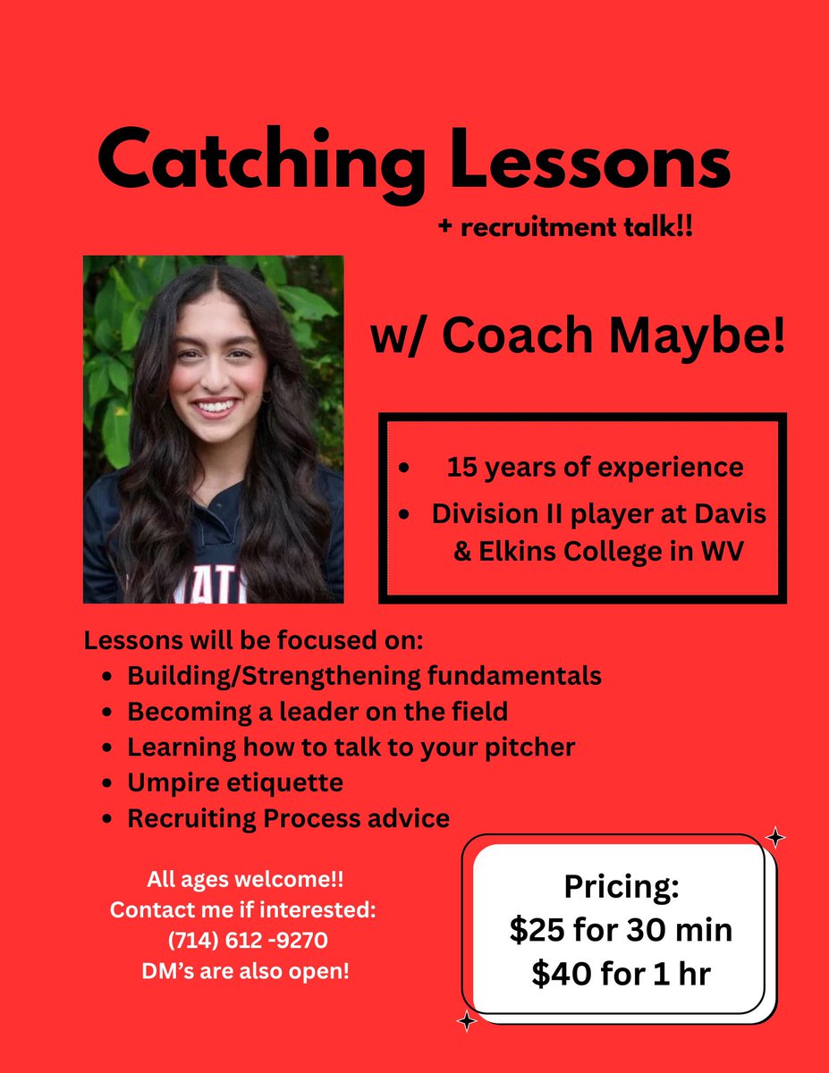 I am offering catching lessons and recruiting advice in the Anaheim/Garden Grove area. Contact me if interested!!