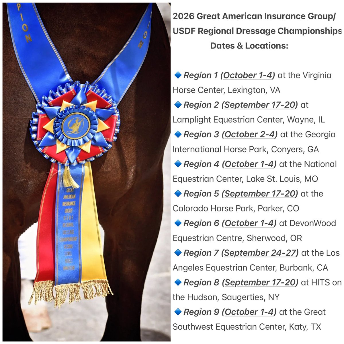 USDF Official (@usdf) on Twitter photo Big news! ‼️ Announcing the dates & locations for the 2026 Great American Insurance Group/USDF Regional Dressage Championships:
Full details ⤵️
usdf.org/press/news/vie…
Our thanks to our Regionals sponsors! #GreatAmericanInsuranceGroup <a href="/horsehealthcouk/">LeMieux Products</a> <a href="/SmartPak/">SmartEquine</a> <a href="/platinumperf/">Platinum Performance</a> Big news! ‼️ Announcing the dates & locations for the 2026 Great American Insurance Group/USDF Regional Dressage Championships:
Full details ⤵️
usdf.org/press/news/vie…
Our thanks to our Regionals sponsors! #GreatAmericanInsuranceGroup <a href="/horsehealthcouk/">LeMieux Products</a> <a href="/SmartPak/">SmartEquine</a> <a href="/platinumperf/">Platinum Performance</a>
