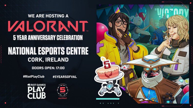 National Esports Centre (@irelandnec) on Twitter photo ACTIVATION REMINDER 📢
🗓️ - June 13th (Friday 😬)
Don’t miss out in celebrating #5YEARSOFVAL, there’s limited spaces & they’re almost gone! Customs, activities, challenges, VCT watch party, prizes, celebrations & more! 🔥
📍<a href="/IrelandNEC/">National Esports Centre</a> | OFFICIAL RIOT PLAY CLUB 🇮🇪 #RiotPlayClub ACTIVATION REMINDER 📢
🗓️ - June 13th (Friday 😬)
Don’t miss out in celebrating #5YEARSOFVAL, there’s limited spaces & they’re almost gone! Customs, activities, challenges, VCT watch party, prizes, celebrations & more! 🔥
📍<a href="/IrelandNEC/">National Esports Centre</a> | OFFICIAL RIOT PLAY CLUB 🇮🇪 #RiotPlayClub