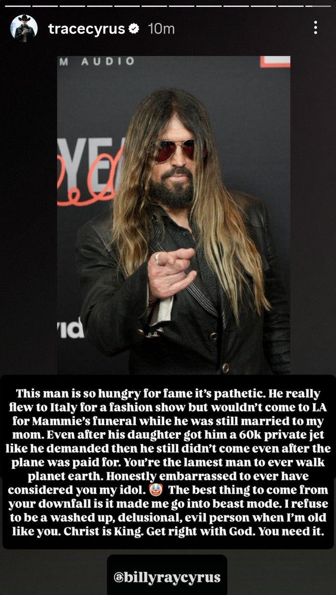 Trace Cyrus revealed in his new ig story that Miley got Billy Ray a 60k private jet so he could fly to LA at funeral of her grandmother (Tish's mother) in 2020, and he still refused to do it 💔
