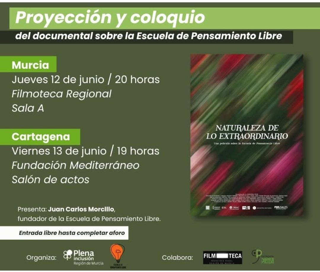 Este jueves y viernes estaremos representando a la asociación EPL en Murcia y Cartagena. Nuestros epelianas y epelianos murcianos han tenido la gentileza de organizar la proyección del documental de nuestra escuela. Mil gracias 🫂
<a href="/PlenaMurcia/">🍀 Plena inclusión Región de Murcia</a> <a href="/CentroFpNEspana/">Filosofía para Niños España</a>