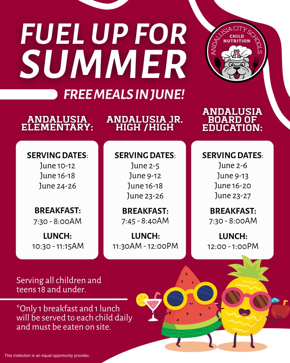 Free summer meals are here for kids and teens 18 and under!

Remember, meals must be eaten onsite to keep the fun going, so come enjoy your meal with us at our serving sites! 🍉🎈

<a href="/AndalusiaCS/">Andalusia City Schools</a> #ALschools #AndalusiaCity #Covingtoncounty #CovingtonAlabama #CovingtonAL #ThatsWhy