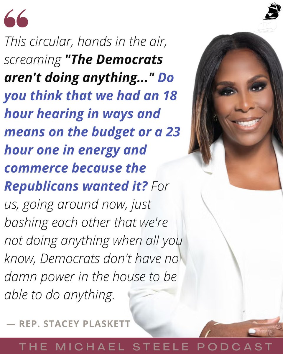 steele_podcast's tweet image. Rep. @StaceyPlaskett gets extremely unfiltered w/ @MichaelSteele. She describes the frustration of hearing people say that Dems aren't doing anything, how Medicaid cuts would hurt Americans & David Hogg's disruption of the DNC
🎧 pod.fo/e/2e298b
📺 youtube.com/watch?v=5jGdfC…