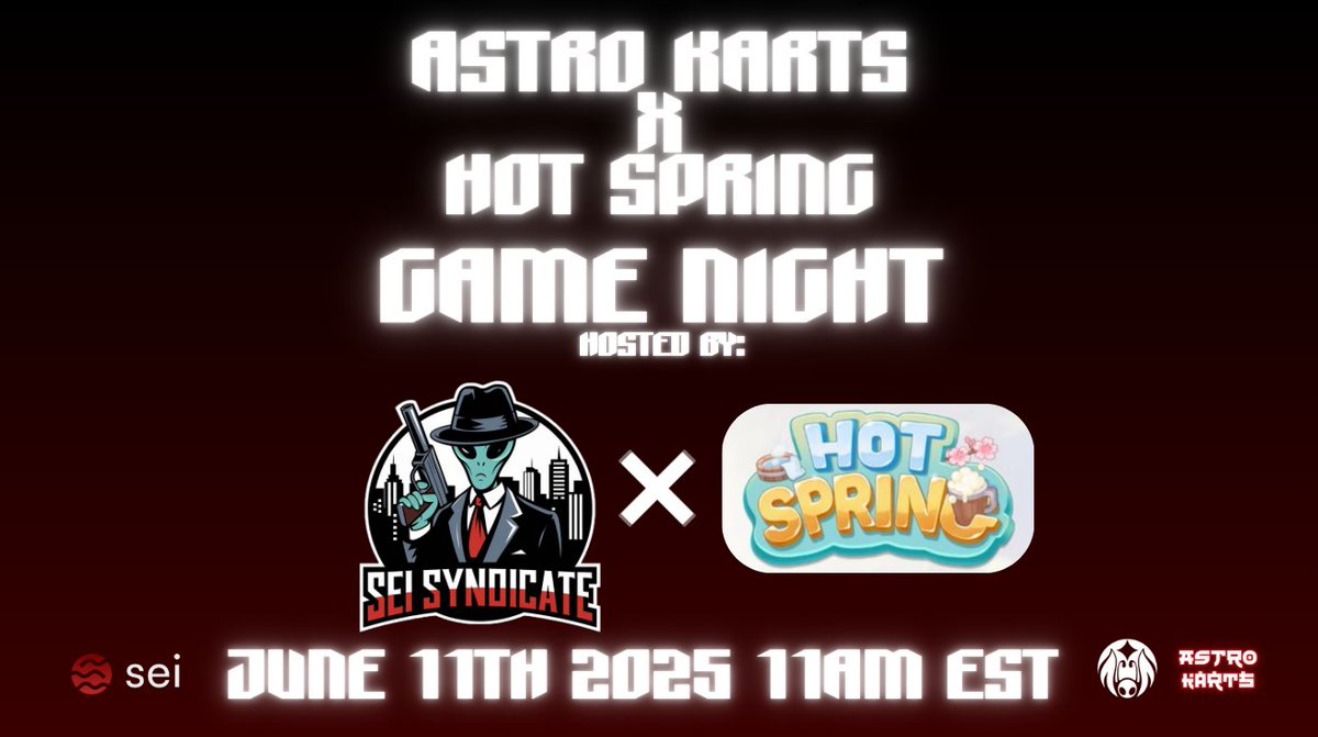 The next <a href="/playAstroKarts/">Astro Karts 🛸</a> game night is tomorrow at 3pm UTC, 11am EST in collaboration with our friends <a href="/hotspring_HQ/">Hot Spring ⚡︎ The Cozy World</a> 

There will be some Astro Karts, some Hot Spring and guaranteed fun! 

Add it to your diaries &amp; join the Astro Kart Discord to take part! 

$SEI #GamesNight