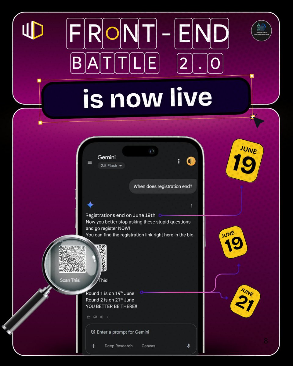 webnd_iitbbs's tweet image. 🚨 It’s here!

Front End Battle 2.0 – 2nd Edition is now LIVE! ⚔️

Put your frontend skills to the test &amp;amp; win big.

👉 Register now: unstop.com/hackathons/fro…

#FrontendBattle #WebDev #webnd #iitbhubaneswar  #CodingChallenge