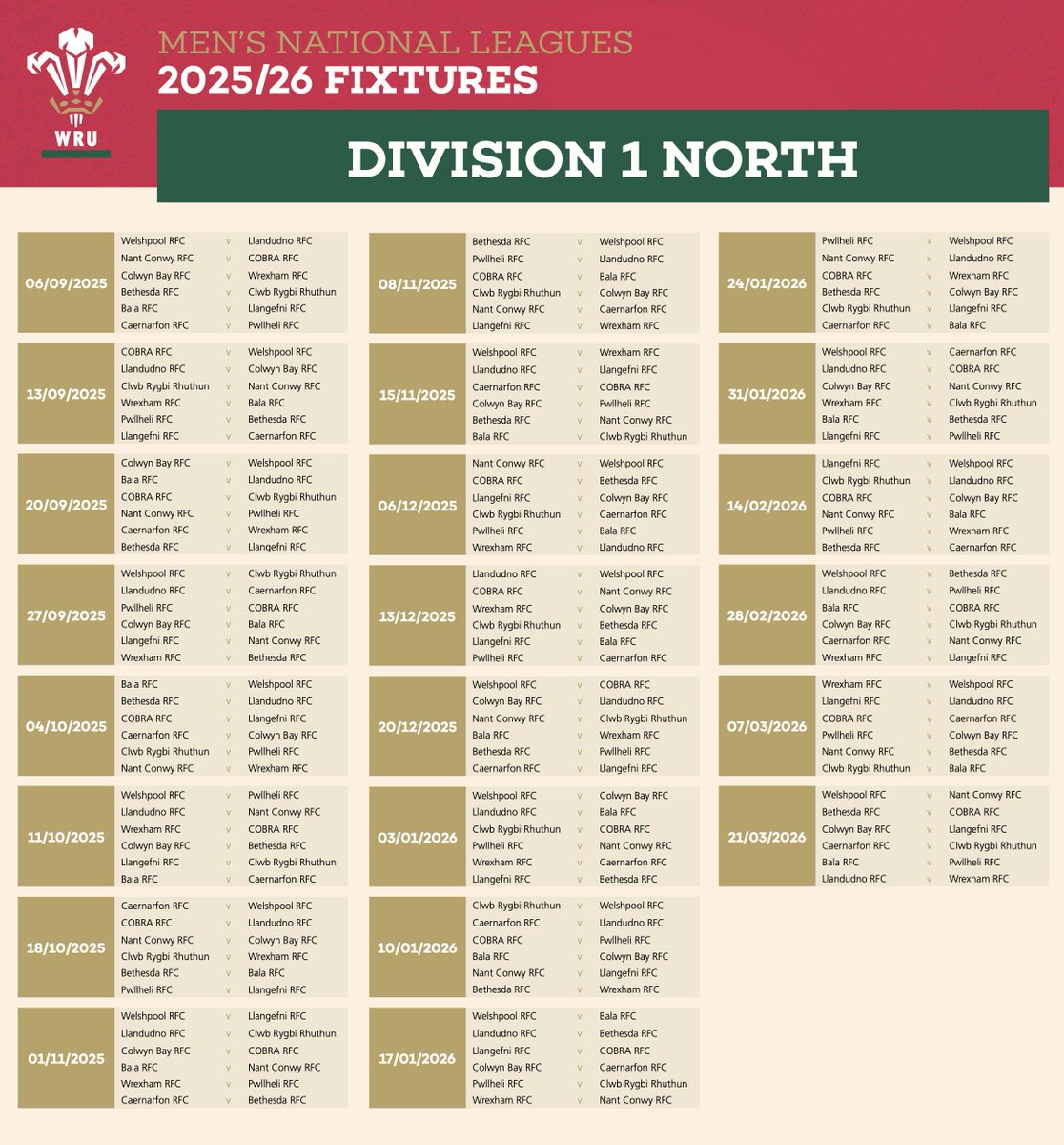 Rhestr gemau gynghrair Tîm 1af y dynion am y tymor 🐗🏉😎

Men's 1st Team league fixtures for the season 🐗🏉😎