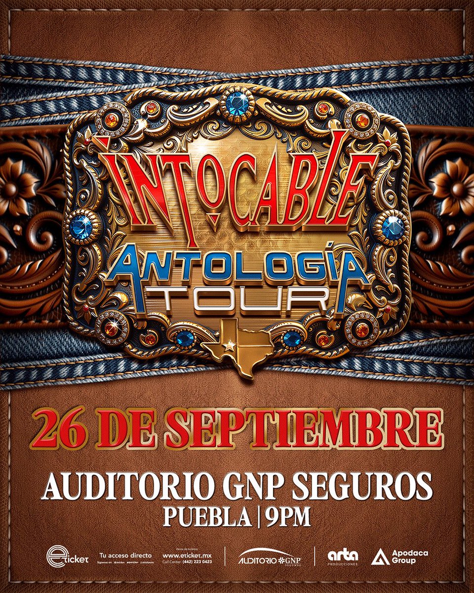 Apodaca Group (@apodacagroup) on Twitter photo Lo mejor de la música norteña llega al Auditorio GNP Seguros en Puebla este 26 de septiembre🤠🎶 <a href="/grupointocable/">Grupo Intocable</a>
🎫 Compra tus boletos a partir del 13 de junio por Eticket Lo mejor de la música norteña llega al Auditorio GNP Seguros en Puebla este 26 de septiembre🤠🎶 <a href="/grupointocable/">Grupo Intocable</a>
🎫 Compra tus boletos a partir del 13 de junio por Eticket