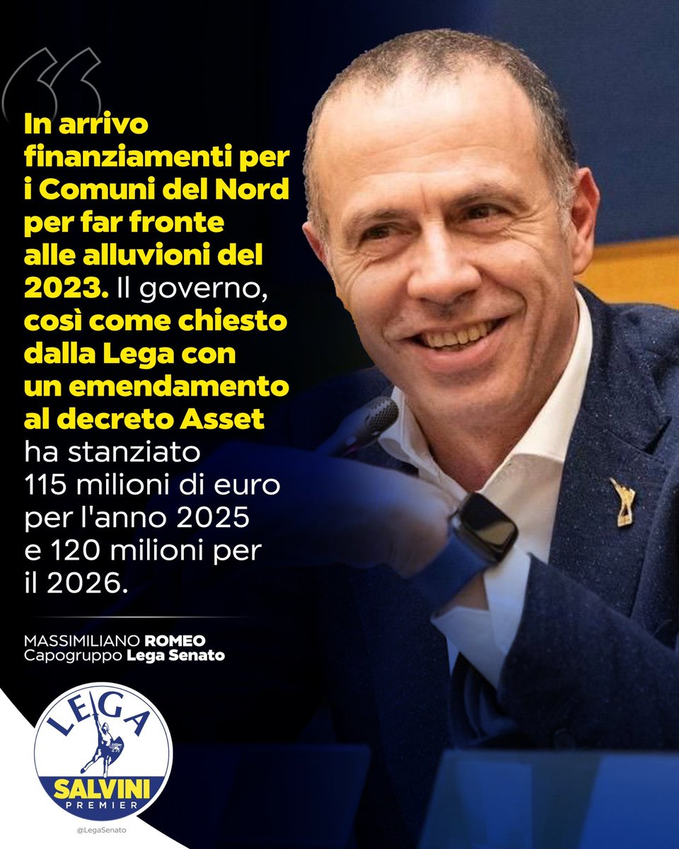 In arrivo finanziamenti per i Comuni del Nord per far fronte alle alluvioni del 2023. Il governo, così come chiesto dalla #Lega con un emendamento al decreto Asset, ha stanziato 115 milioni di euro per l'anno 2025 e 120 milioni per il 2026.