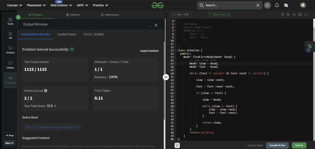 mikumaraditya's tweet image. Day 7⃣2⃣ of the #gfg160 Challenge completed!
✅Find the first node of loop in linked list
#LearnInPublic #DSA #geekstreak2025
@geeksforgeeks
