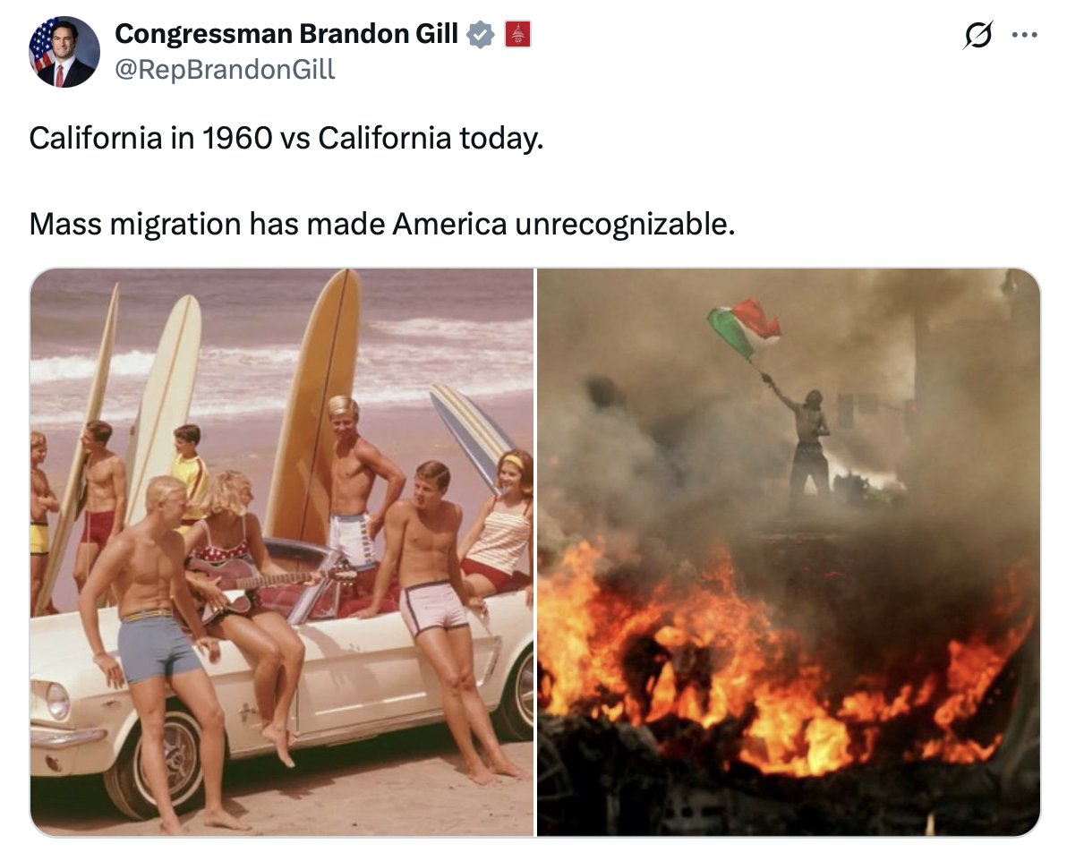 The guy who wants to impeach judges for ruling against Trump is now posting fascist propaganda about “unrecognizable” America.

Brandon Gill isn’t subtle. This is white supremacist nostalgia to justify authoritarianism.