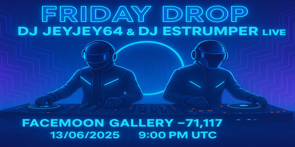 🎉 This Friday! 🎉
Get ready for the first edition of FRIDAY DROP at Facemoon Gallery 
🎧 DJ JeyJey64 <a href="/JJey64/">JeyJey64</a>   &amp; DJ ESTRUMPER live
📍 <a href="/decentraland/">Decentraland</a>   –71,117
🗓️ June 13th | 🕘 9:00 PM UTC
Come dance, connect &amp; enjoy the vibe 🚀
Follow us!