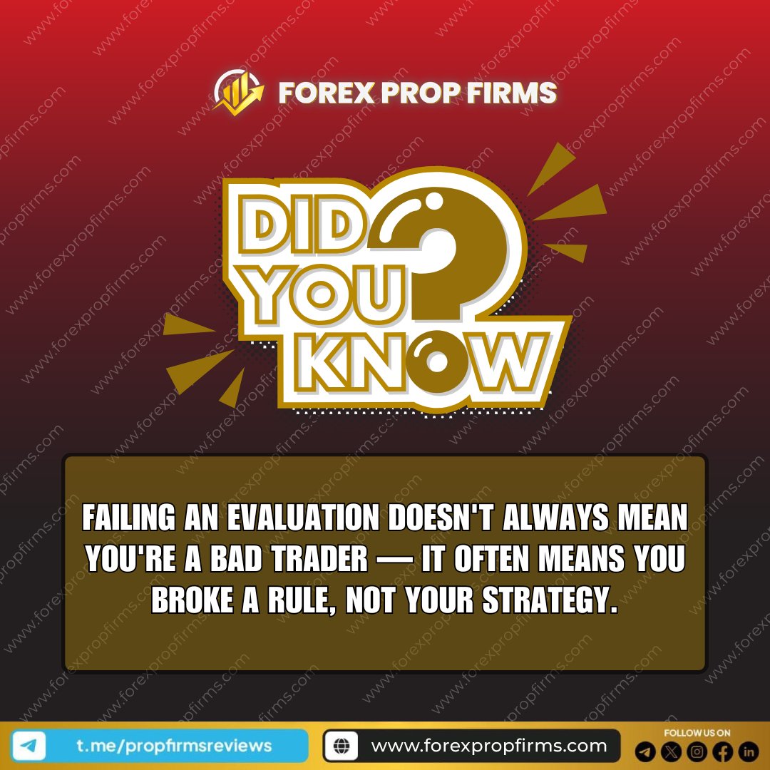 propfirms's tweet image. 💡 Did You Know?

Failing an evaluation doesn&apos;t always mean you&apos;re a bad trader — it often means you broke a rule, not your strategy.

..
..

#PropFirmTips #TradingDiscipline #ForexEvaluation #DidYouKnow #ForexPropFirms #TraderMistakes #RiskRules #PropTradingInsights