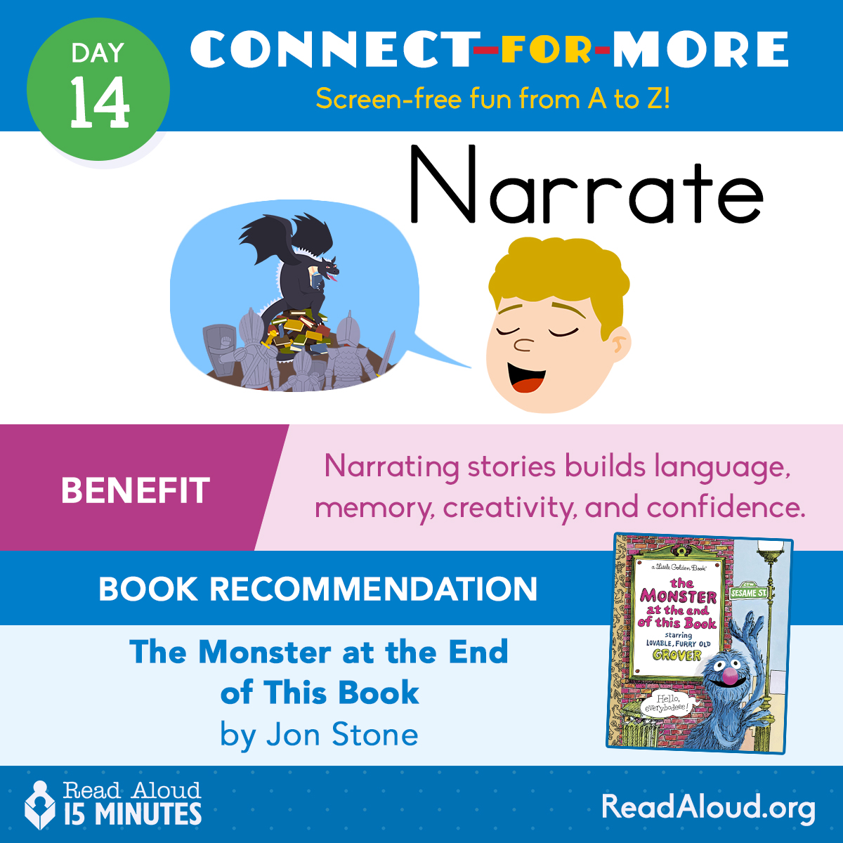 ReadAloud_org's tweet image. “NARRATE” your own stories this summer. It boosts language, creativity, confidence, and critical thinking—all keys for school and life. Help your child unlock their brain power by telling their own tales! #ReadAloud15
