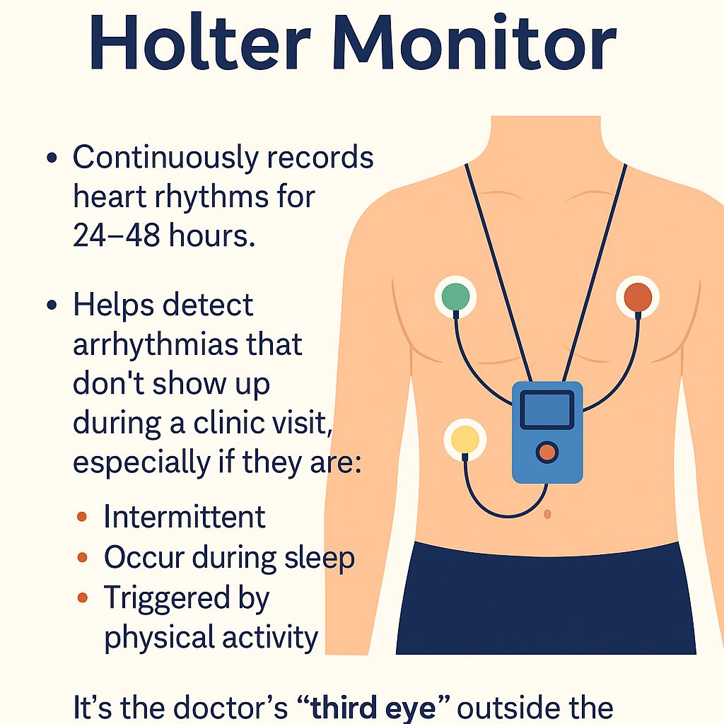 جهاز "الهولتر" : 

يسجّل نبضات القلب بشكل مستمر لمدة 24–48 ساعة.
يُستخدم لرصد عدم انتظام ضربات القلب التي لا تظهر أثناء زيارة العيادة ، خاصة إذا كانت :
🔸 متقطعة
🔸 تحدث أثناء النوم
🔸 تظهر مع الجهد

الهولتر هو العين👀 الثالثة للطبيب خارج العيادة .
#الهولتر #خفقان #قلب #تشخيص