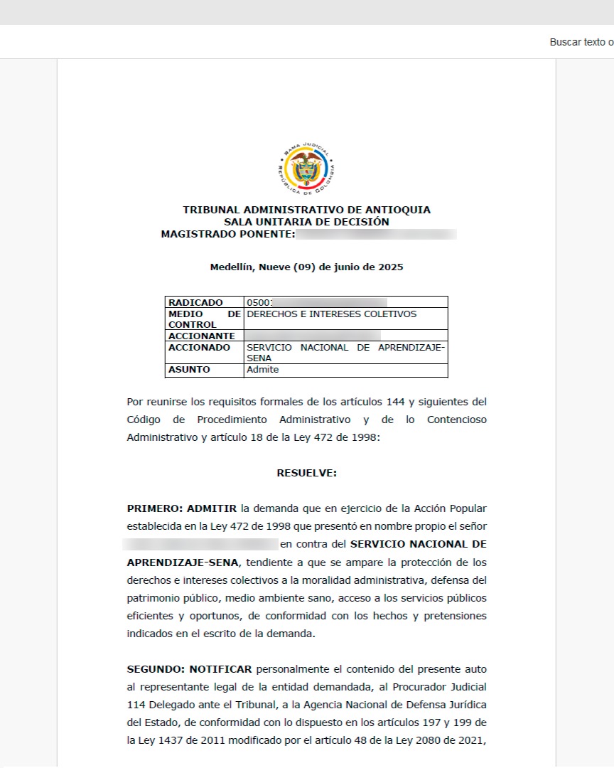 Fue admitida acción popular donde exigimos reinicio de obras en el SENA de La Ceja. La entidad no puede seguir siendo la fuente de políticos para el pago de favores.