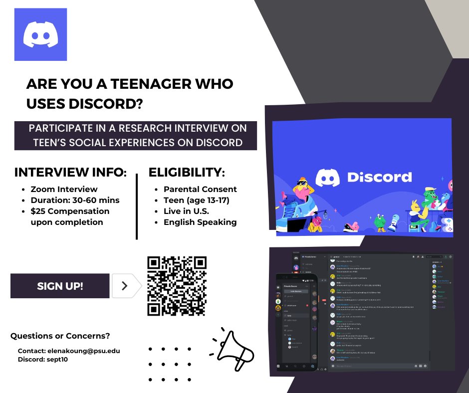 Are you a 13–17 year old in the U.S. who uses Discord? 
I would love to hear about your Discord experiences in an interview 💬

Feel free to ask me questions!
🎁Participants get a $25 Amazon gift card
🔁❤️appreciated! 

More info and link to participate below👇