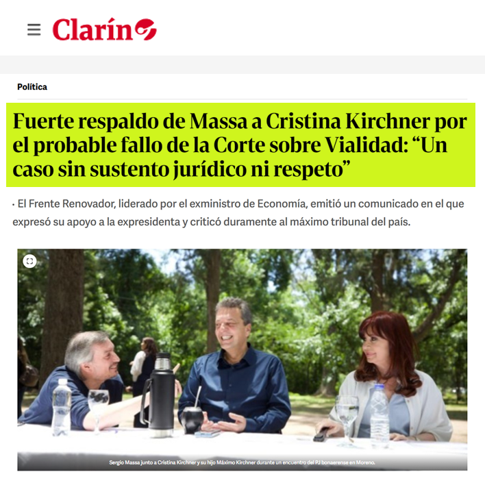 SOMOS FR (@somosfr) on Twitter photo No hay nada más peligroso que una Justicia que busca revancha y no la verdad.
Fuerte respaldo de <a href="/SergioMassa/">Sergio Massa</a> a <a href="/CFKArgentina/">Cristina Kirchner</a> por el probable fallo de la Corte sobre Vialidad: "Un caso sin sustento jurídico ni respeto". No hay nada más peligroso que una Justicia que busca revancha y no la verdad.
Fuerte respaldo de <a href="/SergioMassa/">Sergio Massa</a> a <a href="/CFKArgentina/">Cristina Kirchner</a> por el probable fallo de la Corte sobre Vialidad: "Un caso sin sustento jurídico ni respeto".