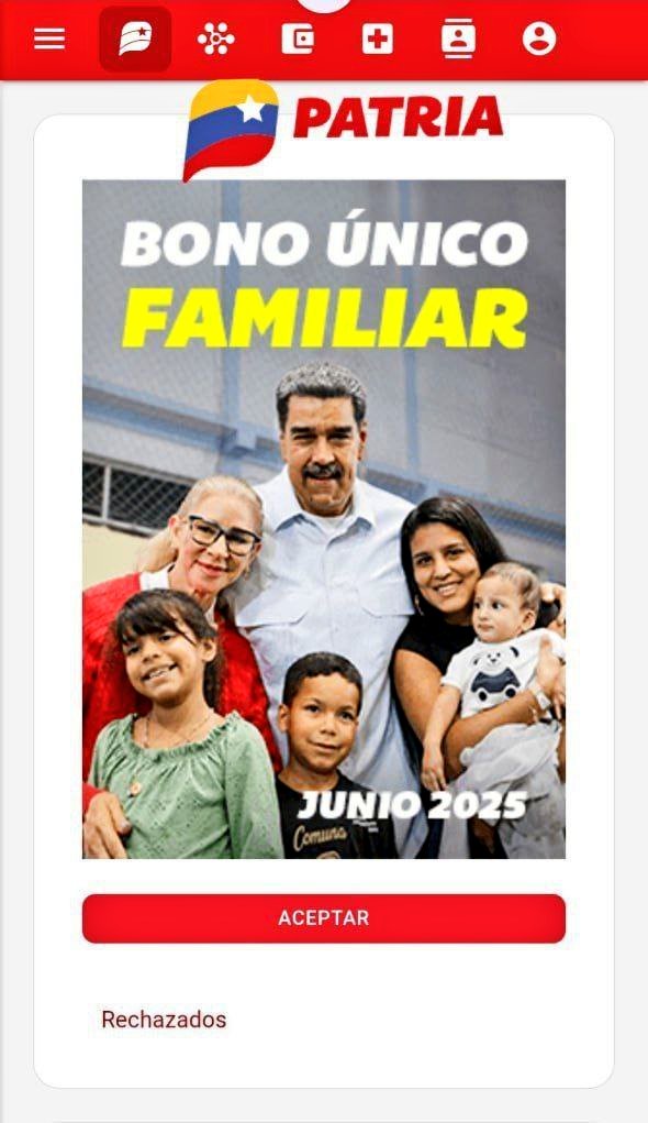 💳 Continúa la entrega Del Bono Único Familiar a través del Sistema Patria .

✳️ Monto: 1.455.00 Bs 

 Les llega los que cobran bonos mensuales como Hogares, José Gregorio, Lactancia, Parto y usuarios normales.
#SomosRevoluciónYVinotinto #CHCh