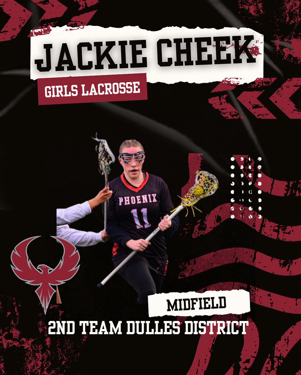 Congratulations to Senior Jackie Cheek for making 2nd team as a midfielder for the Dulles District for Girls Lacrosse! 🔥🥍We are so proud!🥍🔥