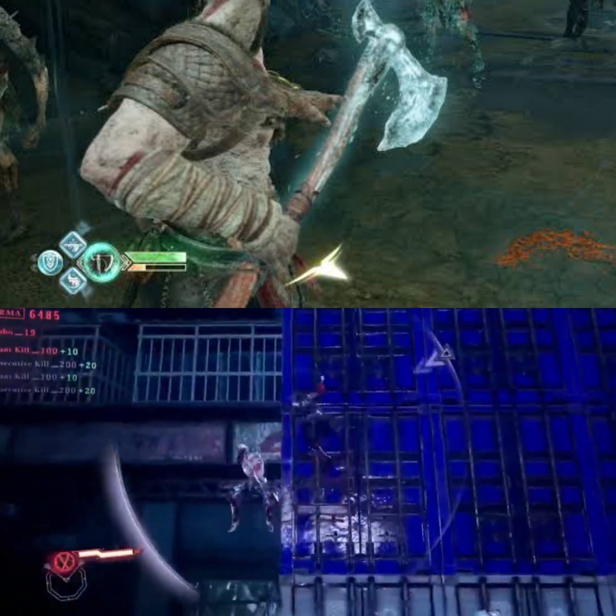 The danger outline ring to detect off-screen enemy attacks from God of War (PS4) is coming to Ninja Gaiden. If you ask me, NG4 does it better, I like the opacity and also the fact that there's no NPC yelling at you 'behind you!'