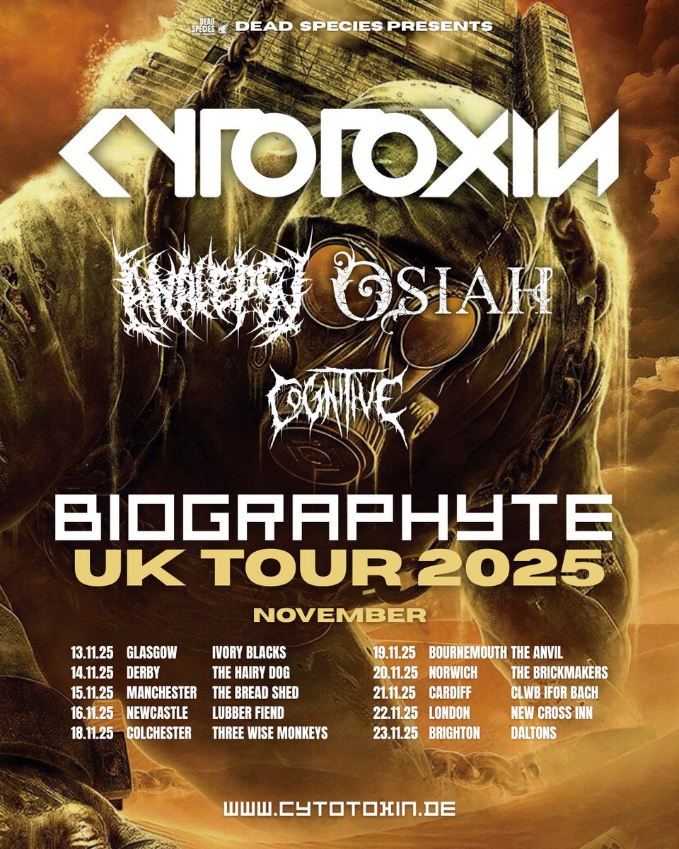 analepsy's tweet photo. UK, ARE YOU READY? ☢️

We're finally returning to the UK this November joining CYTOTOXIN, OSIAH and COGNITIVE on this absolute monster of a tour!

Tickets via https://t.co/RFdeR5MMLs or https://t.co/3RHjUB8akK https://t.co/bvsxXoykT9
