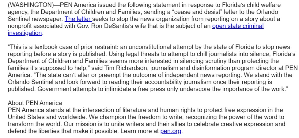 PEN America, a First Amendment advocacy group, has just weighed in on the cease-and-desist letter sent to a Florida reporter.

"This is a textbook case of prior restraint: an unconstitutional attempt by the state of Florida to stop news reporting before a story is published."