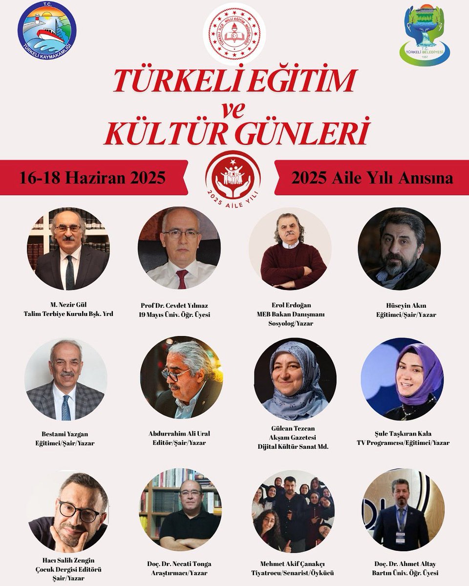 Türkeli Kaymakamlığı, Türkeli Belediye Başkanlığı ve Türkeli İlçe Milli Eğitim Müdürlüğümüzce 2024-2025 Eğitim Öğretim Yılı Dönem Sonu Kültür, Sanat ve Spor Faaliyetleri Haftası kapsamında 16-18 Haziran 2025 tarihleri arasında “Türkeli Eğitim Kültür Günleri” gerçekleştirilecektir