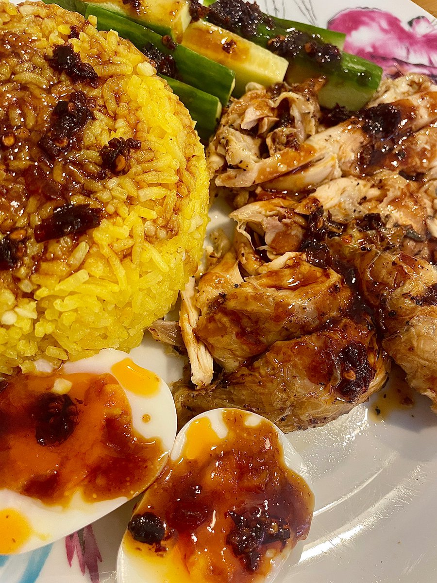 Used leftover roast chicken to serve with garlic turmeric rice and my defrosted soy marinade