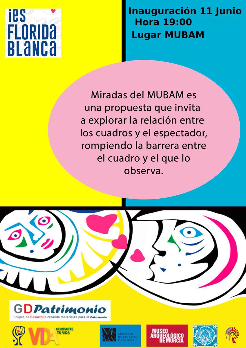 ies floridablanca (@iesflori) on Twitter photo Os invitamos a disfrutar de “Miradas del MUBAM”, una exposición realizada por los alumnos de Artes Plásticas del <a href="/iesflori/">ies floridablanca</a>
📍 Lugar: Museo de Bellas Artes de Murcia
📅 11 de junio, 19:00 h.
Una oportunidad única para admirar el talento de nuestros alumnos. <a href="/MuseosRegMurcia/">@MuseosRegMurcia</a> Os invitamos a disfrutar de “Miradas del MUBAM”, una exposición realizada por los alumnos de Artes Plásticas del <a href="/iesflori/">ies floridablanca</a>
📍 Lugar: Museo de Bellas Artes de Murcia
📅 11 de junio, 19:00 h.
Una oportunidad única para admirar el talento de nuestros alumnos. <a href="/MuseosRegMurcia/">@MuseosRegMurcia</a>