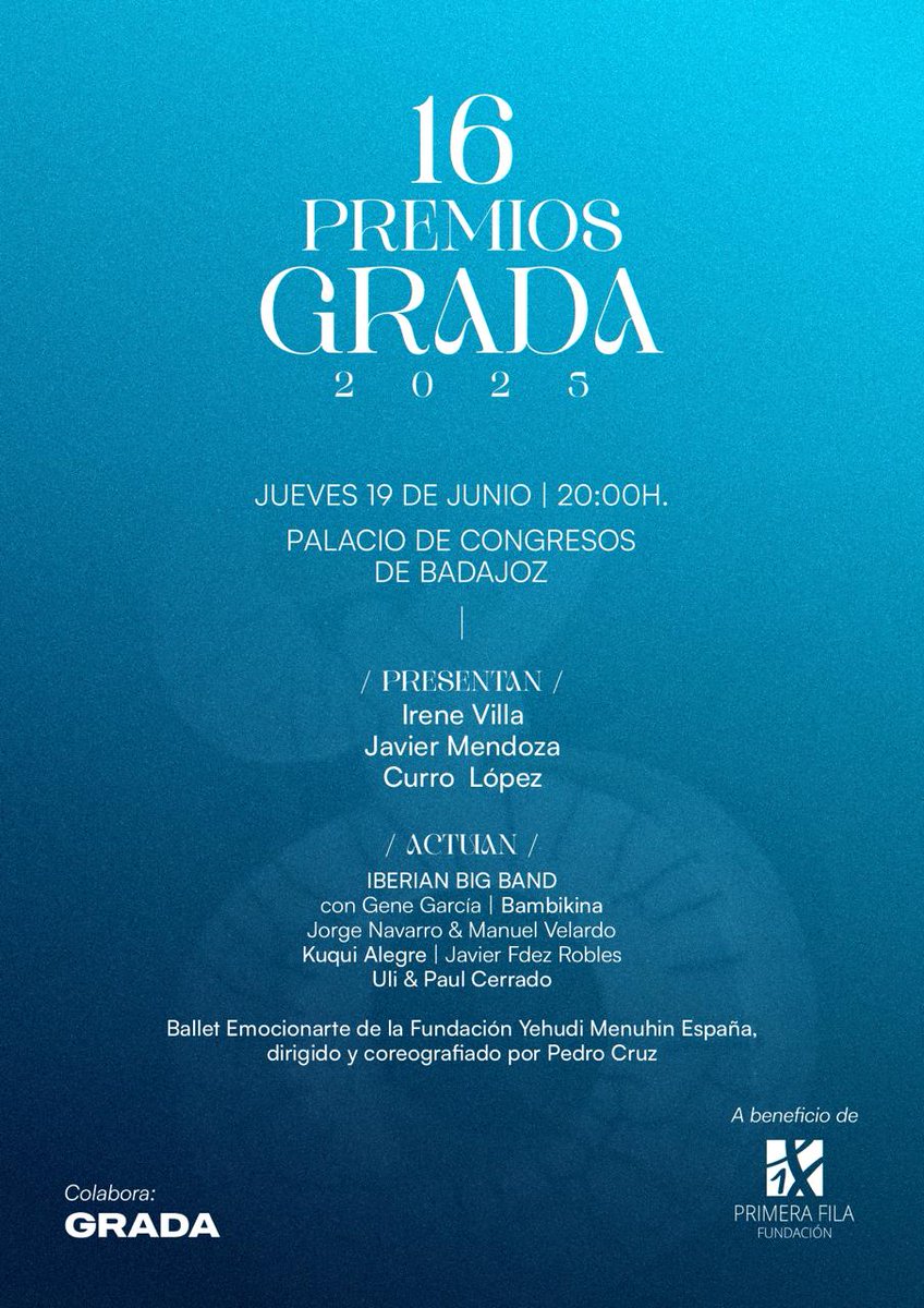 📆 Jueves 19 de junio de 2025
⏰ 20.00 horas
🏦 Palacio de Congresos de Badajoz

Gala solidaria de entrega de los #PremiosGrada
grada.es/agenda/gala-so…